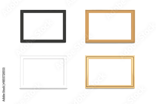 Four empty picture frames with white blank canvases on a wall