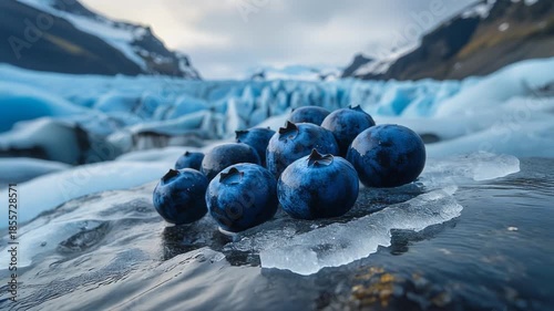 Arctic Freshness: Blueberries on Ice with a Majestic Glacier and Mountains