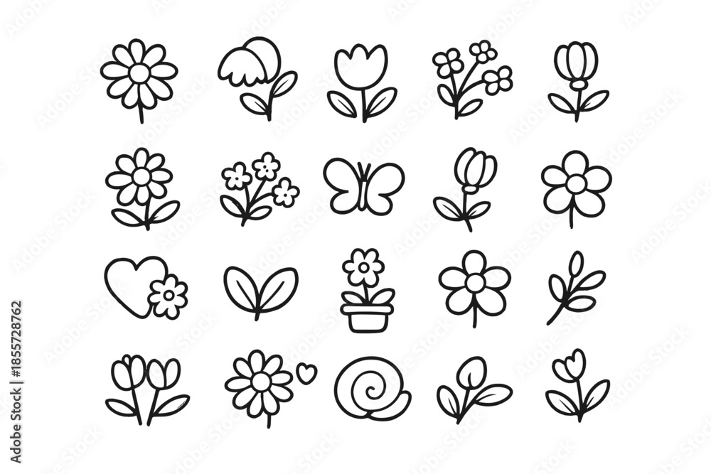 Fototapeta premium Cute Simple Icons of Flowers and Nature Elements