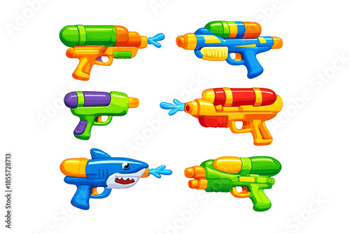 Collection of colorful cartoon water guns shooting water