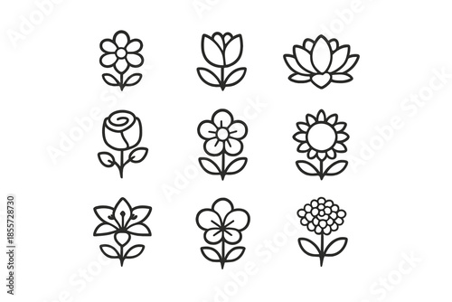 Set of nine floral icons on a dark background