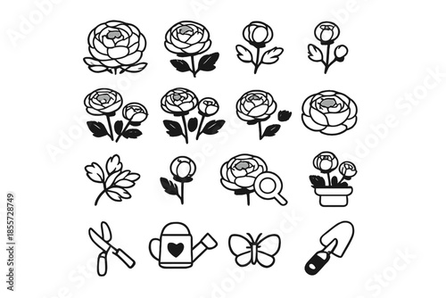 Garden Icons with Flowers, Tools, and Butterfly