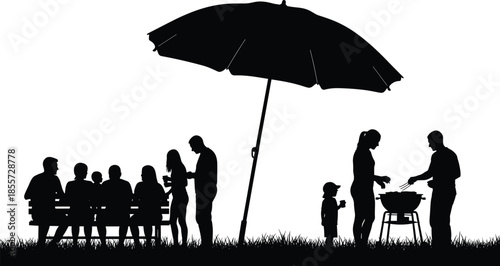 Black silhouette of family and friends having a backyard barbecue party with grill and large garden umbrella on white background.