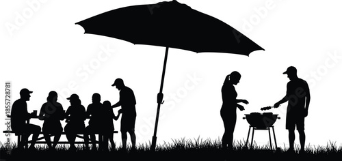 Black silhouette of family having outdoor barbecue picnic in garden under large umbrella with grill isolated on white background vector.