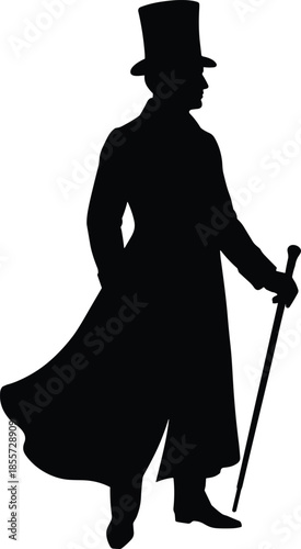 Black silhouette of Victorian gentleman in top hat and long coat holding walking stick, vintage male fashion, 19th century man, formal