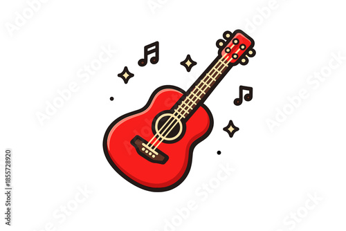 Red acoustic guitar with musical notes and sparkles