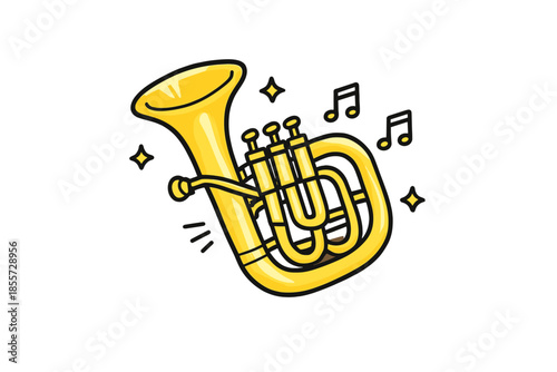 Cartoon Tuba with Music Notes and Stars