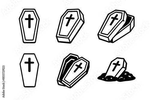 Six Coffins with Crosses on Dark Background
