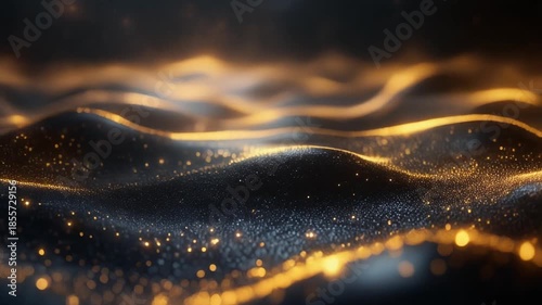 Shimmering golden particles illuminating dynamic abstract waves in a futuristic digital flow
