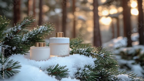 Beauty product jars on snow-covered fir branch, bathed in golden winter forest light