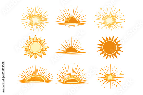 Collection of sun and sunrise illustrations on a warm, glowing background