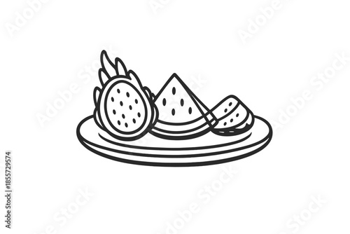 Dragon Fruit and Watermelon Slices on a Plate Line Art