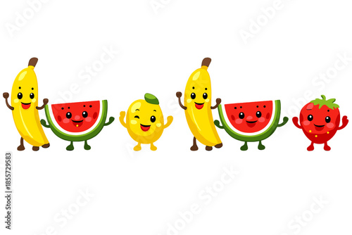 Cute Kawaii Fruits Characters Waving on Grey Background