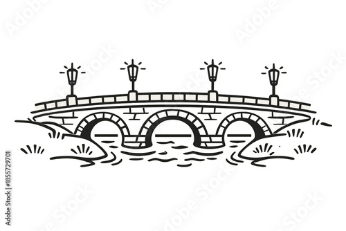 Black and white illustration of a bridge with lamps