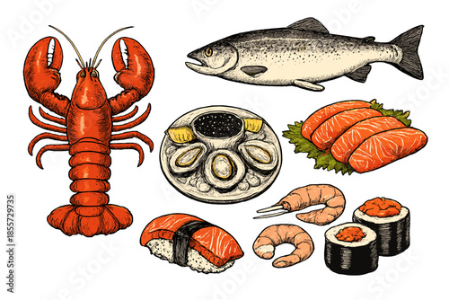 Seafood platter with lobster, salmon, oysters, sushi, and shrimp