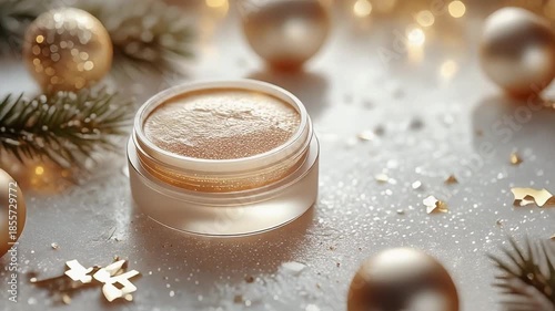 Festive Golden Glitter Cosmetic Pot on Sparkling White Surface with Ornaments