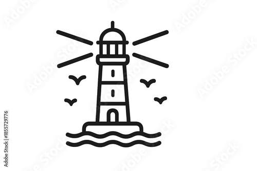 Lighthouse icon with birds and waves