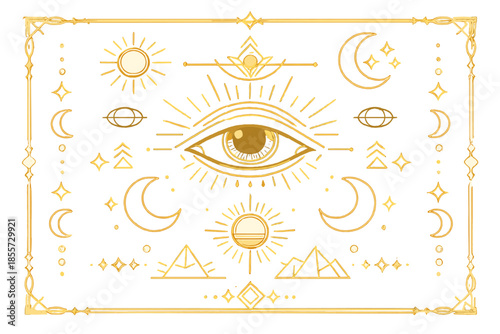 Esoteric gold background with eye of providence and celestial bodies