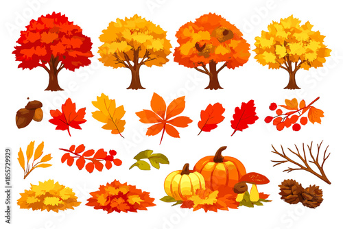 Autumn elements including trees, pumpkins, leaves, and mushrooms