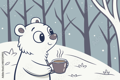 Bear cub holding hot chocolate mug, steam rising in frosty air