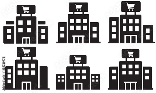 Black silhouette icons of a shopping center or supermarket building set