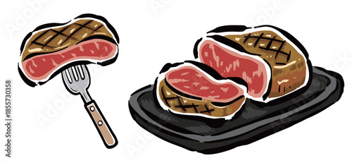 厚切りのレアステーキ　手描きイラスト