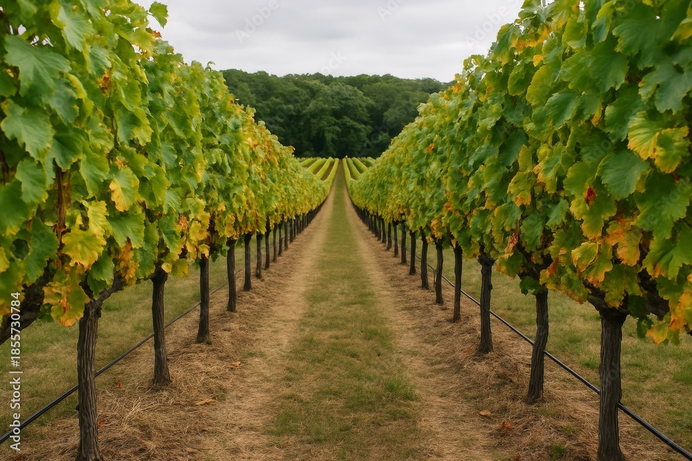 Obraz premium Rows of green grapevines in vineyard stretching into distance under cloudy sky on rural farmland background, concept of agriculture and cultivation. Ai generative