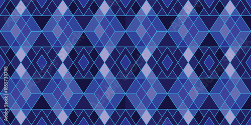 Abstract geometric seamless pattern with blue diamonds and triangles. Modern indigo mosaic background for wallpaper, textile, and digital design.