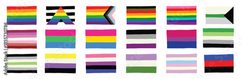 Set of colorful LGBTQ+ pride flags Gender equality and sexual identity pride flags collection LGBTQIA community pride month