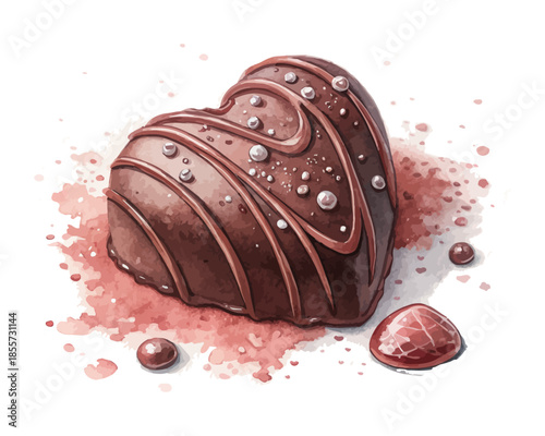Watercolor Chocolate Truffle Heart Valentine Candy  isolated on white background