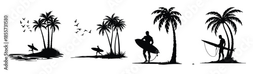 Silhouette surfers and palm trees on beach scenes surfboard