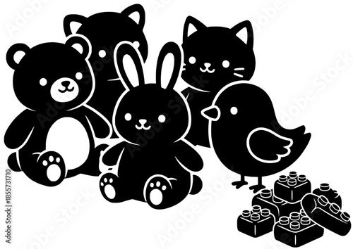 Conjunto de iconos de juguetes y animales de peluche. Siluetas de oso, conejo, gato, pájaro y bloques de construcción estilo ladrillo. Ilustración vectorial negra infantil.