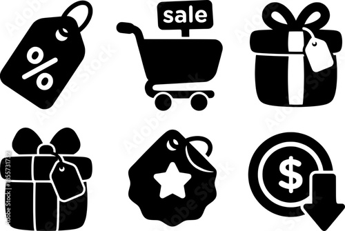 Conjunto de iconos de compras y ventas. Incluye etiquetas de descuento, carrito de compra, cajas de regalo y símbolos de oferta y reducción de precio. Estilo silueta en negro.