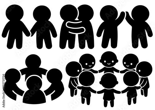 Conjunto de iconos de siluetas de personas interactuando. Incluye símbolos de amistad, abrazos, trabajo en equipo en círculo, gente tomada de la mano y saludo. Vector en negro.