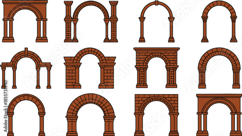 Set of brick and stone architectural arch icons isolated on white background for ancient building entrance and historic gateway design