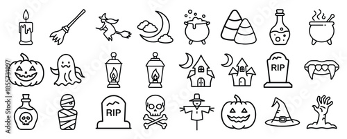 Spooky Halloween Icon Set With Pumpkins, Ghosts, Bats, and Haunted Objects for Festive Designs