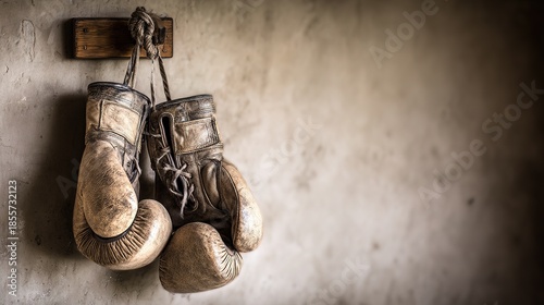 Glimpse into boxing gear history: a pair of weathered training gloves, each mark records training, visual of sports heritage and old-school philosophy