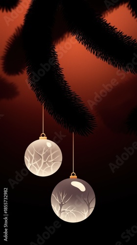 Frosted Christmas Baubles Illustration on Dark Evergreen Branch