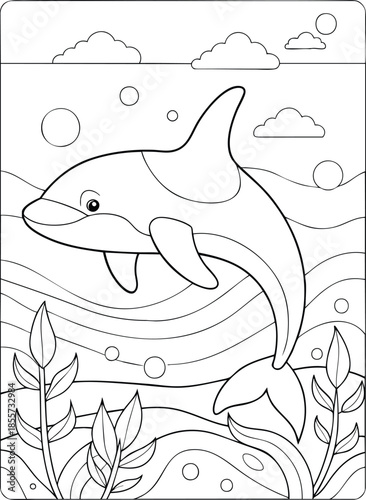 Cute cartoon dolphin swimming underwater amidst seaweed, playful marine life coloring page outline drawing