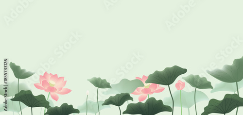 Soft, pastel lotus images, each featuring soft pink lotus flowers and green leaves on a calm, light-colored background, creating a calm and harmonious scene.