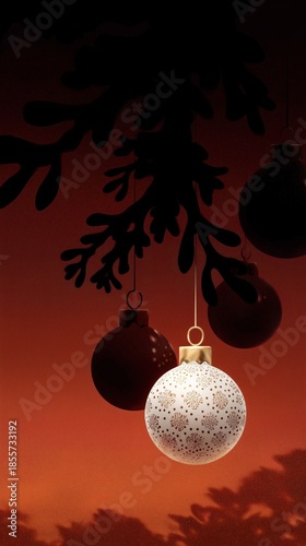 Frosted Christmas Baubles Illustration on Dark Evergreen Branch