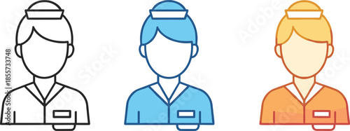 Flat vector illustration set of female nurse or medical worker icons in black blue and orange colors isolated on white background for healthcare and clinic