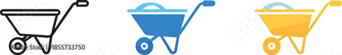 Flat vector illustration set of wheelbarrow icons filled with sand in black blue and yellow colors isolated on white background for construction and gardening design