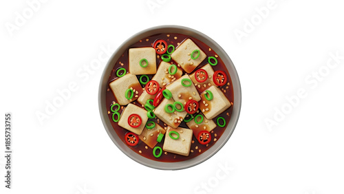 3D Bowl of Stewed Tofu with Chili and Scallions on transparent background