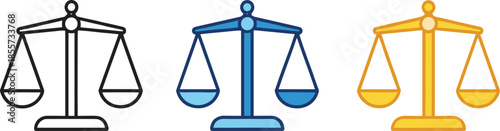 Flat vector illustration set of scale of justice icons in black blue and orange colors isolated on white background for legal law and equilibrium design