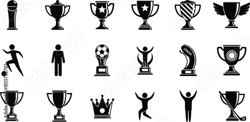 Trophy icon set, sports achievement symbols, victory celebration silhouettes, crown award design, soccer player illustration, competition success, black white vector