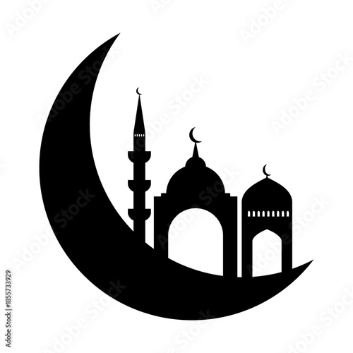 Eid mubarak mosque silhouette with crescent moon vector