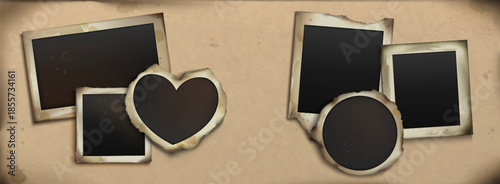 Vintage photos on dirty album page. Vector realistic illustration of old instant pictures of different shape in damaged frame with uneven edges and stains, paper photography collage, scrapbook design