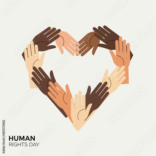 A cute and inspiring scene depicting a beautiful heart shape formed by a diverse group of hands, symbolizing global unity, equality, and compassion for all humanity
