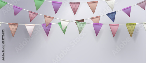 Pastel flag garland on wall background. Vector realistic illustration of triangle pennants hanging at birthday party, carnival or festive event decoration, colorful paper banners, holiday celebration